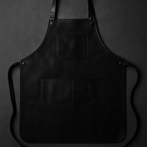Black Leather Apron with Pockets – Full Grain Cowhide Cooking, BBQ, Workshop & Barista Apron – Handmade Adjustable Chef Apron Gift for Him