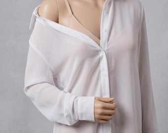 Stylish Sleepshirt for Women Sleepwear, See Through Night Dress, Style White Button Shirt