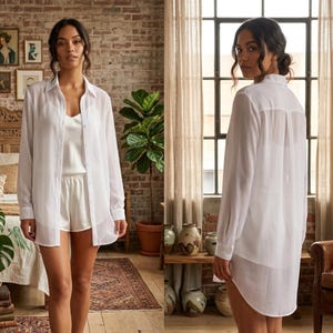 Stylish Sleepshirt for Women Sleepwear, See Through Night Dress, Style White Button Shirt
