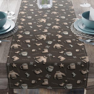 Christmas Cocoa Table Runner, Holiday Dining Decor, Cotton-Poly
