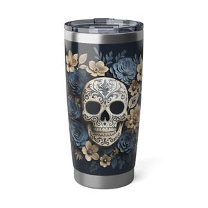 Vaso de calavera y flores: Día de los Muertos Taza de viaje
