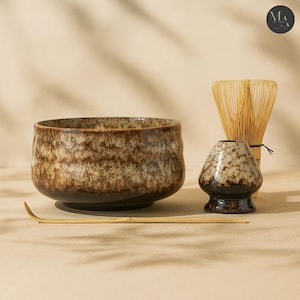 Juego de cuencos para matcha: Chawan de cerámica japonesa con batidor de bambú, soporte y cuchara