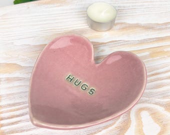 Heart Ring Dish Jewelry Holder Pottery Pink Hugs