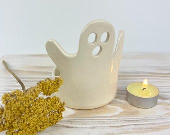 Handmade Ceramic Halloween Tea Light Holder Porcelain Candle Ghost