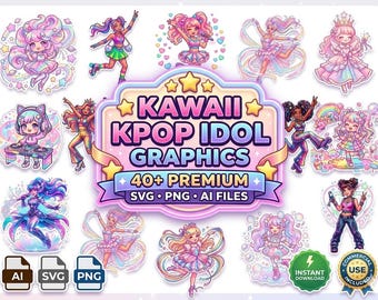 40+Kawaii Pop Star Clipart Bundle, Cute Idol Graphics PNG SVG AI, Pastel Anime Girl Characters, Commercial Use Digital Download