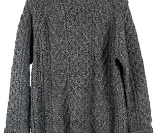 Maglione vintage Carraig Donn Aran da pescatore in lana a trecce, stile irlandese, da uomo, taglia M, grigio, anni '90.