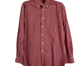 Tommy Hilfiger Herren L Button Down Shirt, rot, weiß, kariert, Flagge, Logo, Klassisch, Preppy