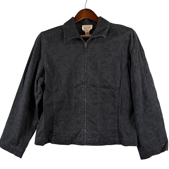 Talbots, VINTAGE Talbots Petites Black Embroidered Jacket L Stretch Zip Front 90s Floral