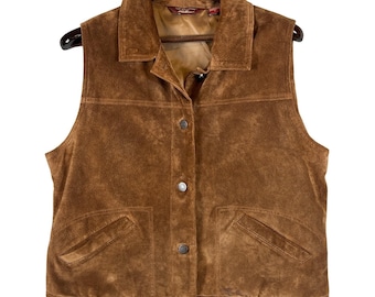 Chaleco de piel de ante Eddie Bauer para mujer, talla L, color marrón, estilo western, con botones, estilo vintage de los años 90.