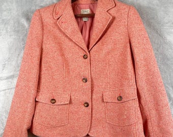 Vintage L.L. Bean Womens M Herringbone Blazer Wool Blend Salmon Pink Academia