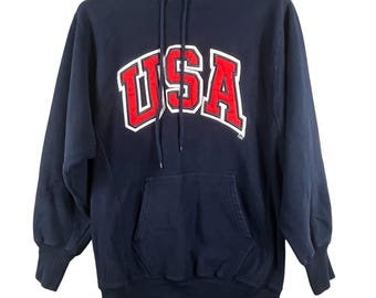 VINTAGE Steadman Barry Mens M Spell Out USA Hoodie Navy Red White Pullover Y2K