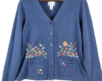 VTG Womens L Knit Cardigan Sweater Blue Floral Embroidered Cottagecore Pockets