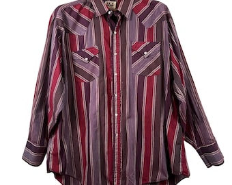 Vintage Ely Cattleman Herr XXL Vinröd Lila Randig Pärlknapp Westernskjorta