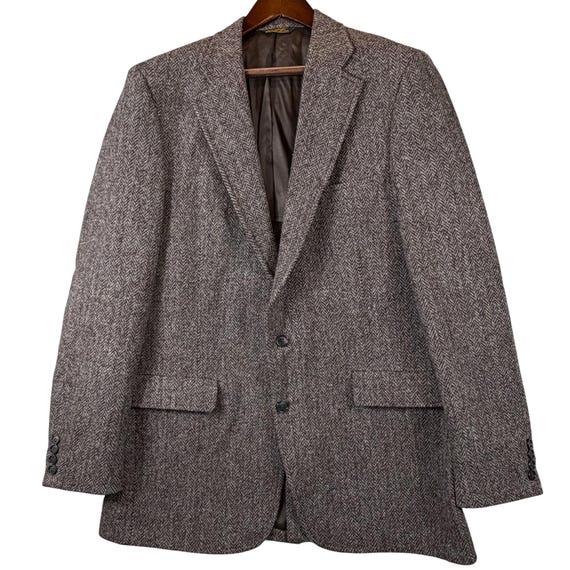 Gant, VINTAGE Gant Harris Tweed Mens 46L Wool Blazer Brown Gray Herringbone Made USA