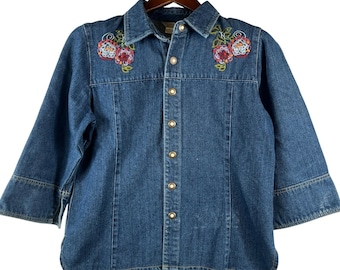 Vintage Womens M Denim Shirt Beaded Floral Embroidered Cottagecore Boho Blue Y2K