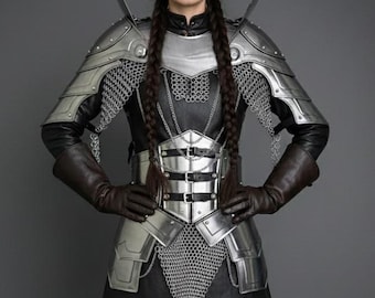 Steel Lady Gorget and Pauldron Armor Set, Chainmail LARP Costume