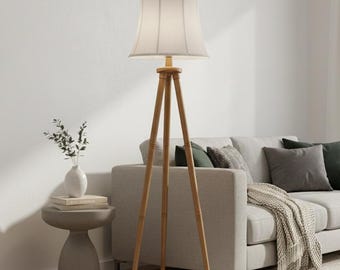 Handcrafted Wooden Tripod Floor Lamp, Boho Scandinavian Lighting