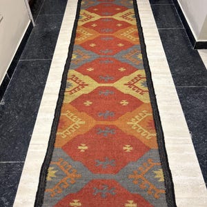 Handwoven Wool Jute Kilim Runner Rug: Earthy Geometric Design