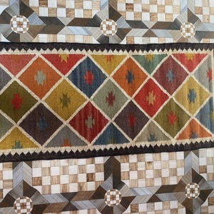 Handwoven Wool Jute Kilim Runner Rug: Multicolor Diamond Boho Style