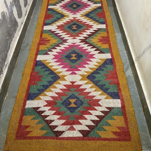 Handwoven Wool Jute Runner, Stair Decor Runner, Traditional Indian Kilim Dhurrie Rug, Navajo Kilim Rug, Vintage Jute Area Runner Rug