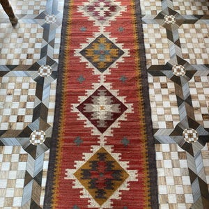 Kilim Runner Handwoven Navajo Kilim Rug Handmade Kilim Dhurrie Rug Motifs, Oriental, Traditional Indian Geometric Kilim Runner Custom Rug