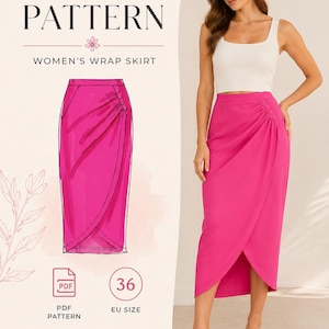 May include: A digital sewing pattern for a wrap skirt titled BLOOM PATTERN. The design features a bright pink midi-length skirt with a side-gathered detail and button accents. The document includes a technical sketch, PDF icon, and EU size labels.