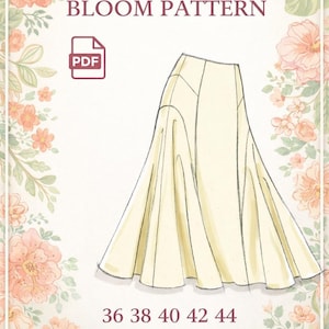 Puede incluir: Un patrón de costura PDF digital para una falda, titulado "Bloom Pattern". El diseño está ilustrado en crema con contornos negros, con tallas 36, 38, 40, 42 y 44. La imagen está enmarcada con elementos florales.