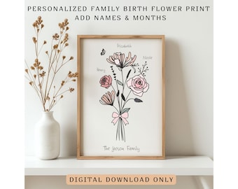 Birth Flower Family Print – Personalized Floral Wall Art, Custom Names & Birth Months, Digital Download, Family Gift Printable