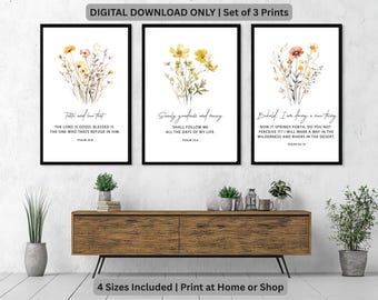 Juego de 3 impresiones de versículos bíblicos: arte mural bíblico, decoración cristiana imprimible, descarga digital moderna, juego de impresiones con citas bíblicas