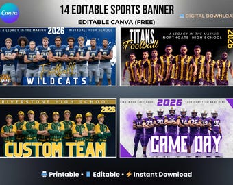 May include: A digital download featuring 14 editable sports banners. The banners showcase football and baseball teams with team photos, team names, and the year 2026. Includes the text "Game Day" and "Custom Team".