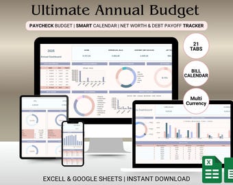 Annual Budget Spreadsheet: Excel & Google Sheets Digital Planner (Digital Download)