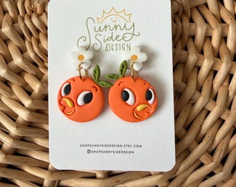 Pendientes de arcilla polimérica con diseño de pájaro naranja: pendientes colgantes con forma de flor de naranjo, joyería con diseño de pájaro cítrico, inspirados en parques temáticos, pendientes llamativos hechos a mano.
