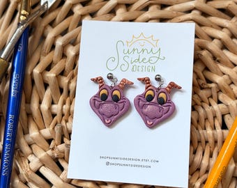 Pendientes de arcilla polimérica hechos a mano inspirados en Figment / Joyería inspirada en Epcot / Pendientes brillantes inspirados en Figment