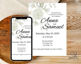 May include: A wedding invitation design featuring the names "Anna and Samuel" in elegant script. The invitation includes the date, time, and location: The Grand Hotel, San Diego, CA. Floral accents and the phrase "with joyful hearts" are also present.
