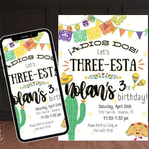 Uitnodiging drie-Esta kinderfeestje Fiesta-feestthema Digitale download bewerkbare sjabloon