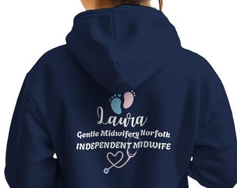 Personalised Midwife Zip Hoodie | Back and Front Print Custom Name, Hospital Front  and Back Print | Ideal Gift for Midwives & Doula