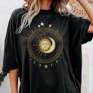 Boho Moon Phases and Sun Spiritual Pattern T-Shirt | Bohemian Design | Mystical Style | Hippie syle | Artsy Celestial Aesthetic Metallic
