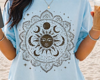 Boho Moon and Sun Spiritual Pattern T-Shirt, Mystical Shirt, Artsy Tee,  Aesthetic T-Shirt, Spiritual Boho tee Mandala Style Design Shirt