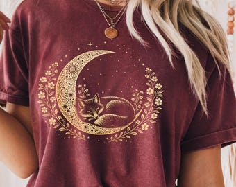 Flower Fox Moon Shirt | Vintage Floral Cottagecore Tee | Wildflower Meadow Woodland Lover Gift for Her | Fairycore Forestcore T-Shirt