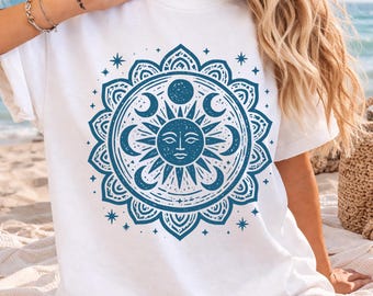 Boho Moon and Sun Spiritual Pattern T-Shirt, Mystical Shirt, Artsy Tee,  Aesthetic T-Shirt, Spiritual Boho tee Mandala Style Design Shirt