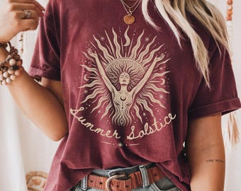 Boho Sun Goddess Summer Solstice Festival Tee | Retro 70s Wheel of the Year | Spiritual  Celestial Sun Magic Nature T-Shirt | Litha Gift