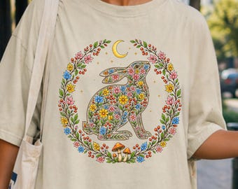 Floral Boho Hare Retro Pagan Moon T-shirt  Spiritual Bohemian Forest Folklore Magic Nature Tee