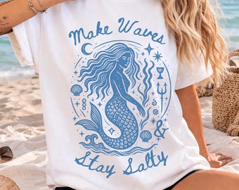 Mermaid Energy Beachy Stay Salty Tee | Bold Feminist Shirt Make Waves, Mermaidcore Ocean Mythical Shirt
