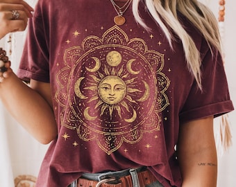 Boho Moon and Sun Spiritual Pattern T-Shirt, Mystical Shirt, Artsy Tee,  Aesthetic T-Shirt, Spiritual Boho tee Mandala Style Design Shirt