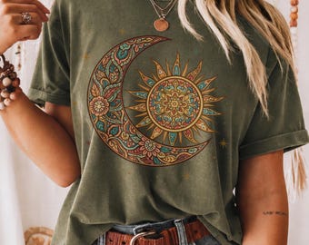 Boho Celestial Sun and Moon Spiritual  T-Shirt, Mystical Shirt, Spiritual Boho tee