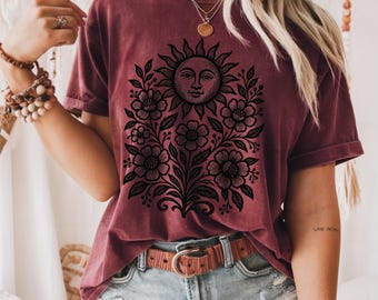 Floral Lino-Cut Spiritual Sun T-Shirt | Botanical Artsy Tee | Retro Boho Aesthetic Flower Shirt | Gift for Gardener Plant Rose Lover