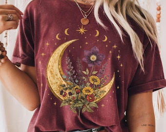 Boho Celestial Moon Spiritual Floral T-Shirt, Mystical Shirt, Spiritual Boho tee