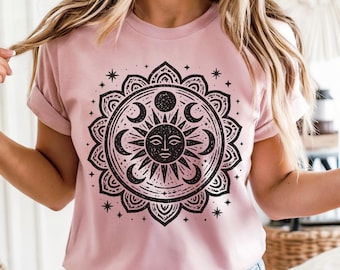 Boho Moon and Sun Spiritual Pattern T-Shirt, Mystical Shirt, Artsy Tee,  Aesthetic T-Shirt, Spiritual Boho tee Mandala Style Design Shirt