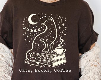 Mystical Cat Shirt Witchy Moon and Stars Tee, Celestial Floral Book Lover T-Shirt, Dark Cottagecore Gift Cat Mom, Magic Goth Dark Academia