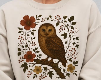 Uil bloemen donker Cottagecore Forest Woodland Nature Bird Botanical Flower Sweatshirt - Nature Lover Birdlife Jumper